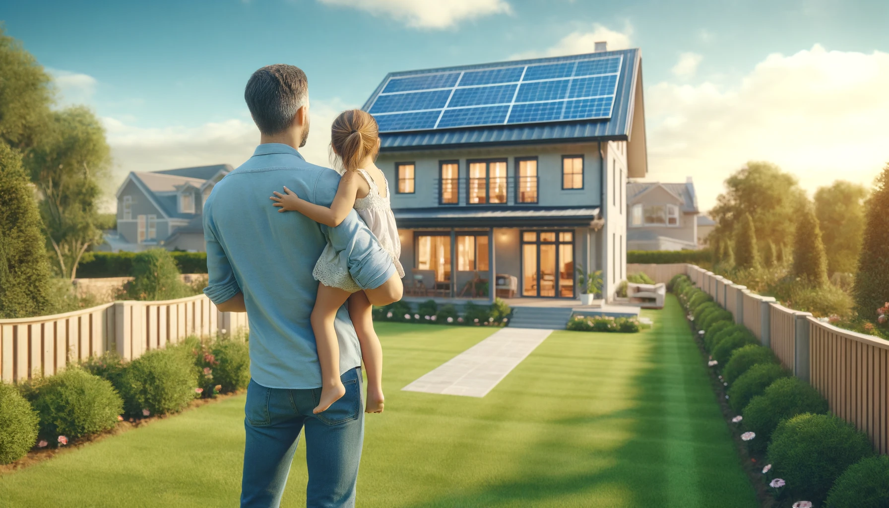 a heartwarming scene of a dad holding his little girl, pointing towards their house equipped with solar panels