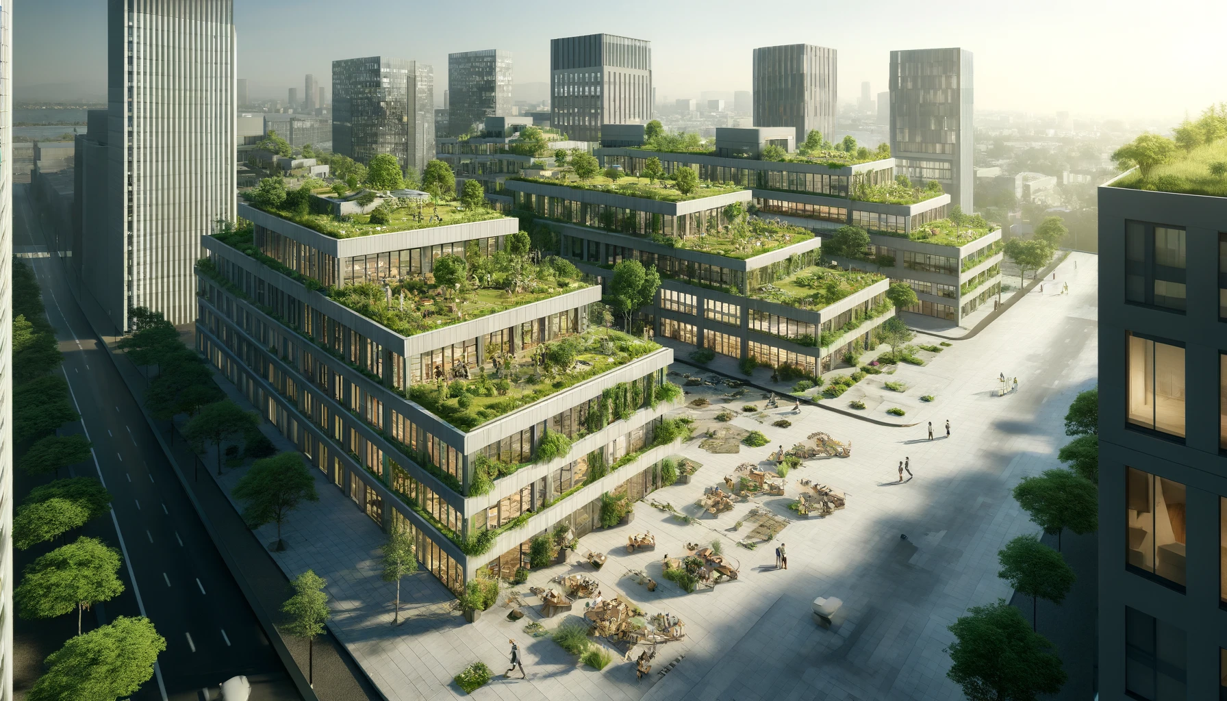 a sustainable green office or housing complex with roof gardens