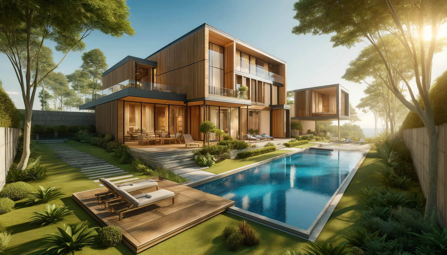 modern, large wooden house with a swimming pool and garden