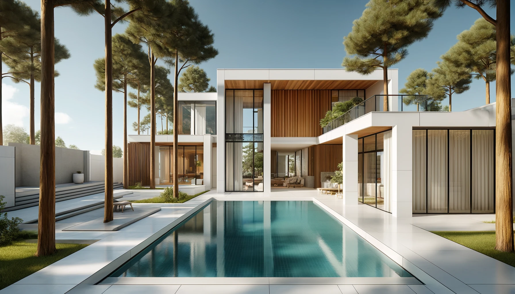a modern house combining white and wooden elements, with a swimming pool and pine trees outside