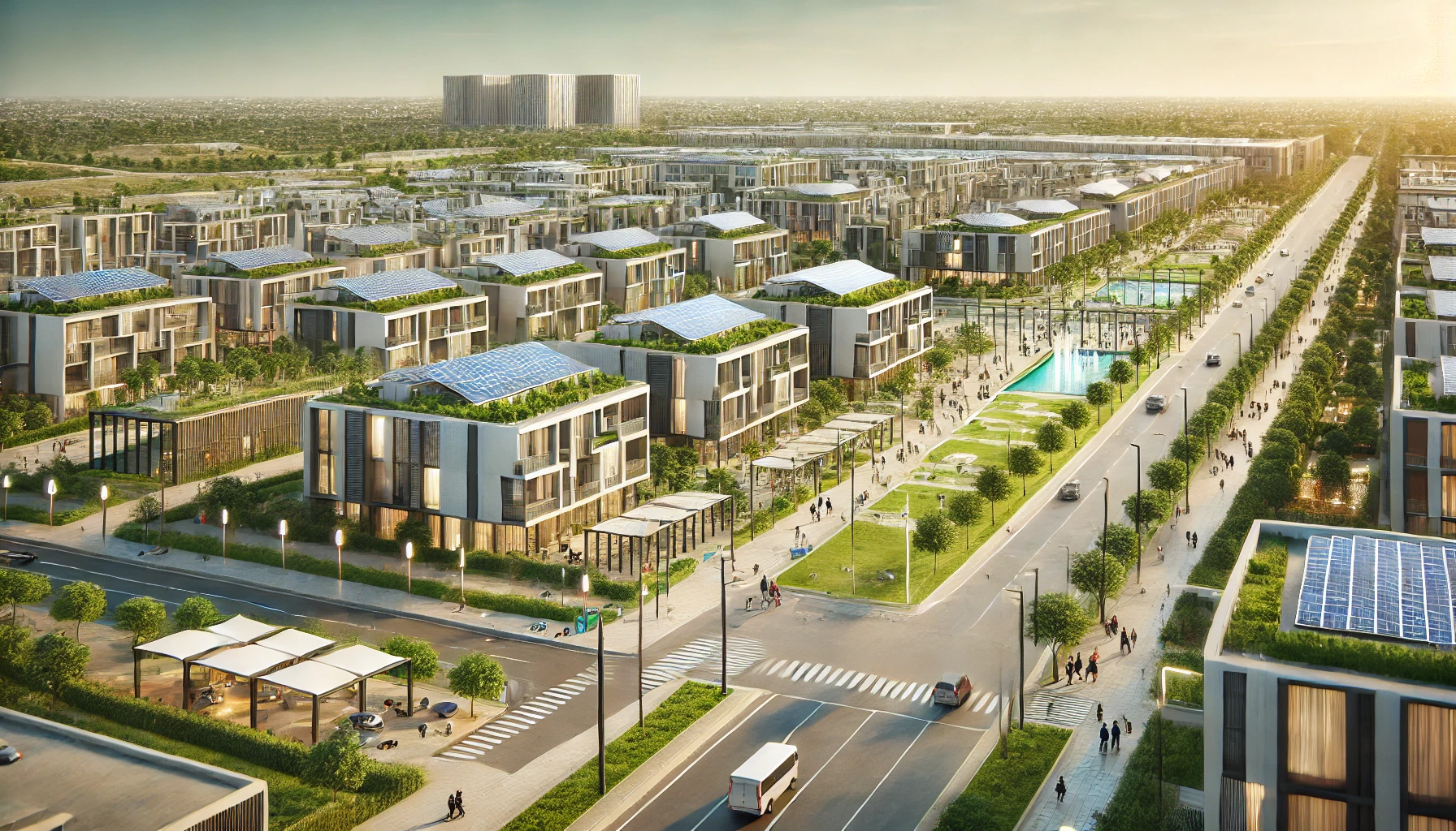 a modern, futuristic housing district in Pakistan, showcasing next-level urban living.