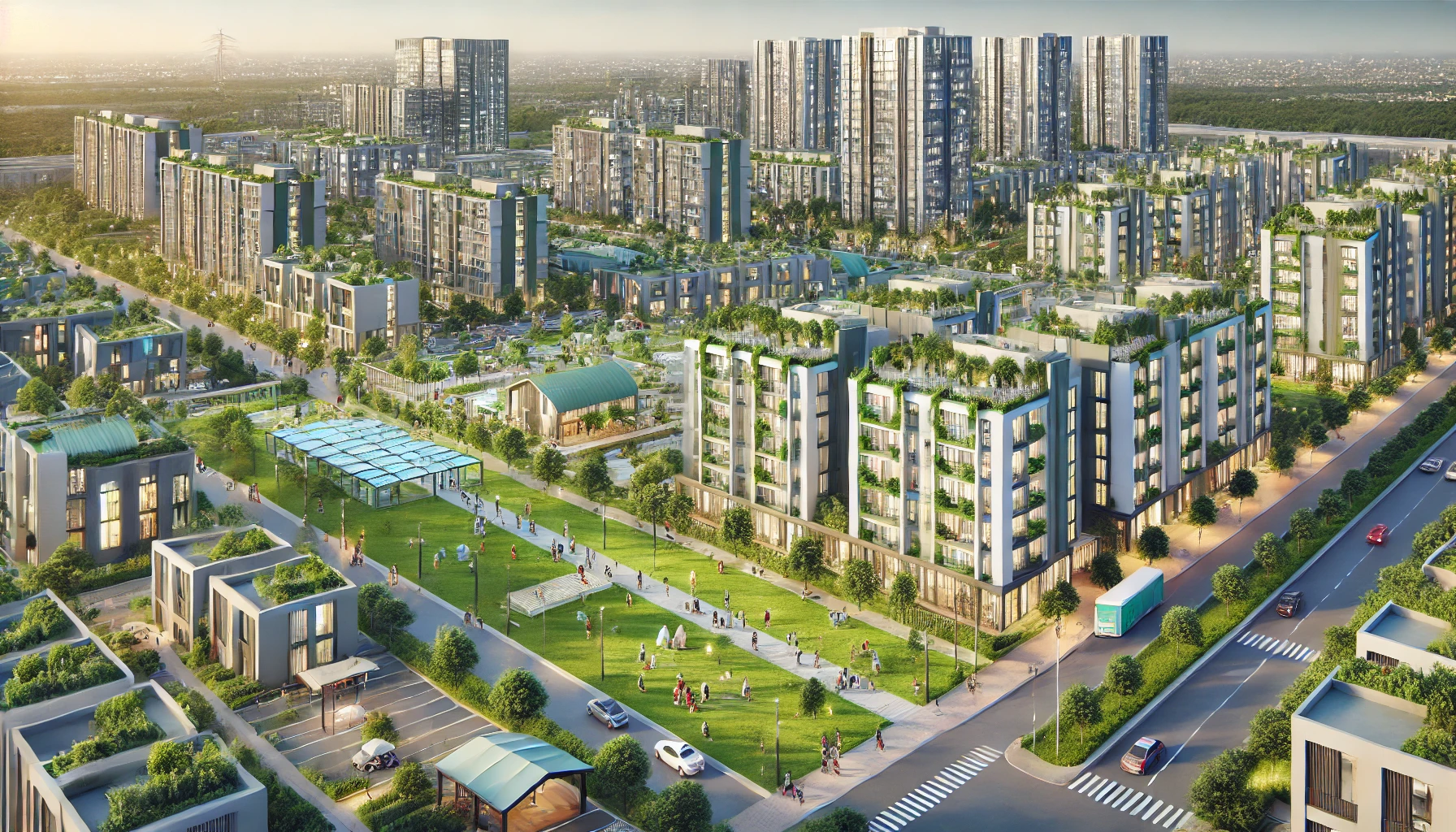 an advanced urban housing district in Pakistan, featuring modern residential buildings with glass facades, green rooftops, and surrounding greenery.