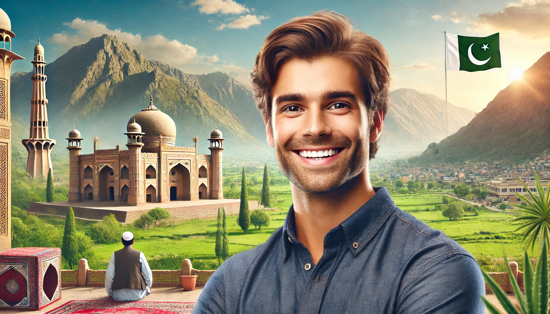 a smiling man in Pakistan. He is casually dressed, standing in front of a Pakistani landscape with mountains and greenery. 