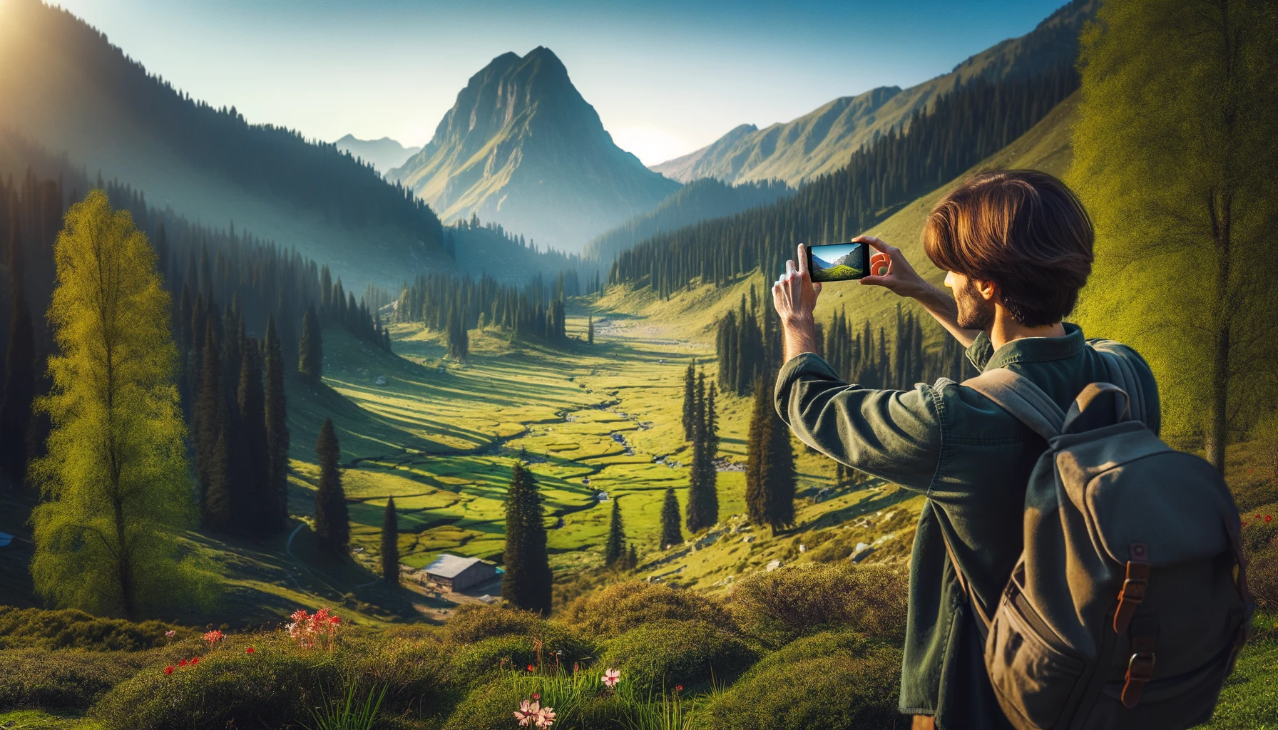  A male tourist taking photos in a nature reserve in Pakistan with a phone. The scene includes lush green mountains, dense forests, and a clear blue sky. The tourist is dressed in casual outdoor clothing, holding the phone up to take a picture, and a small backpack is visible. 