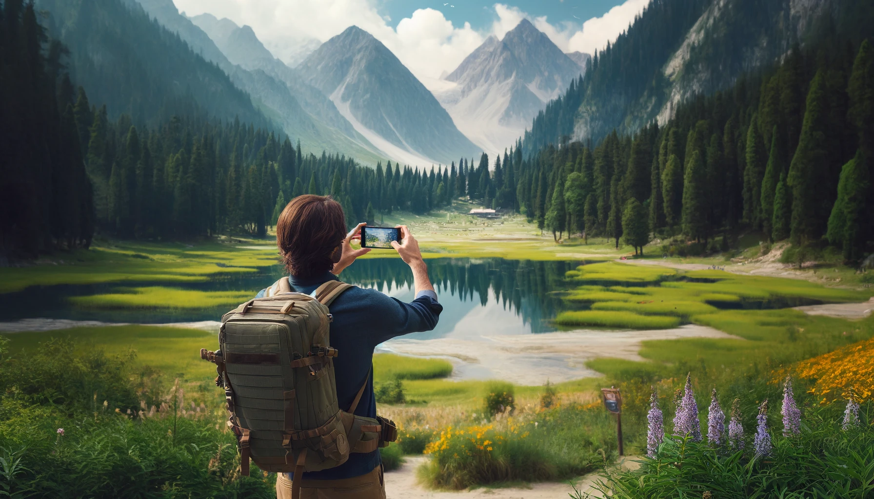 A male tourist taking photos in a nature reserve in Pakistan with a phone. 