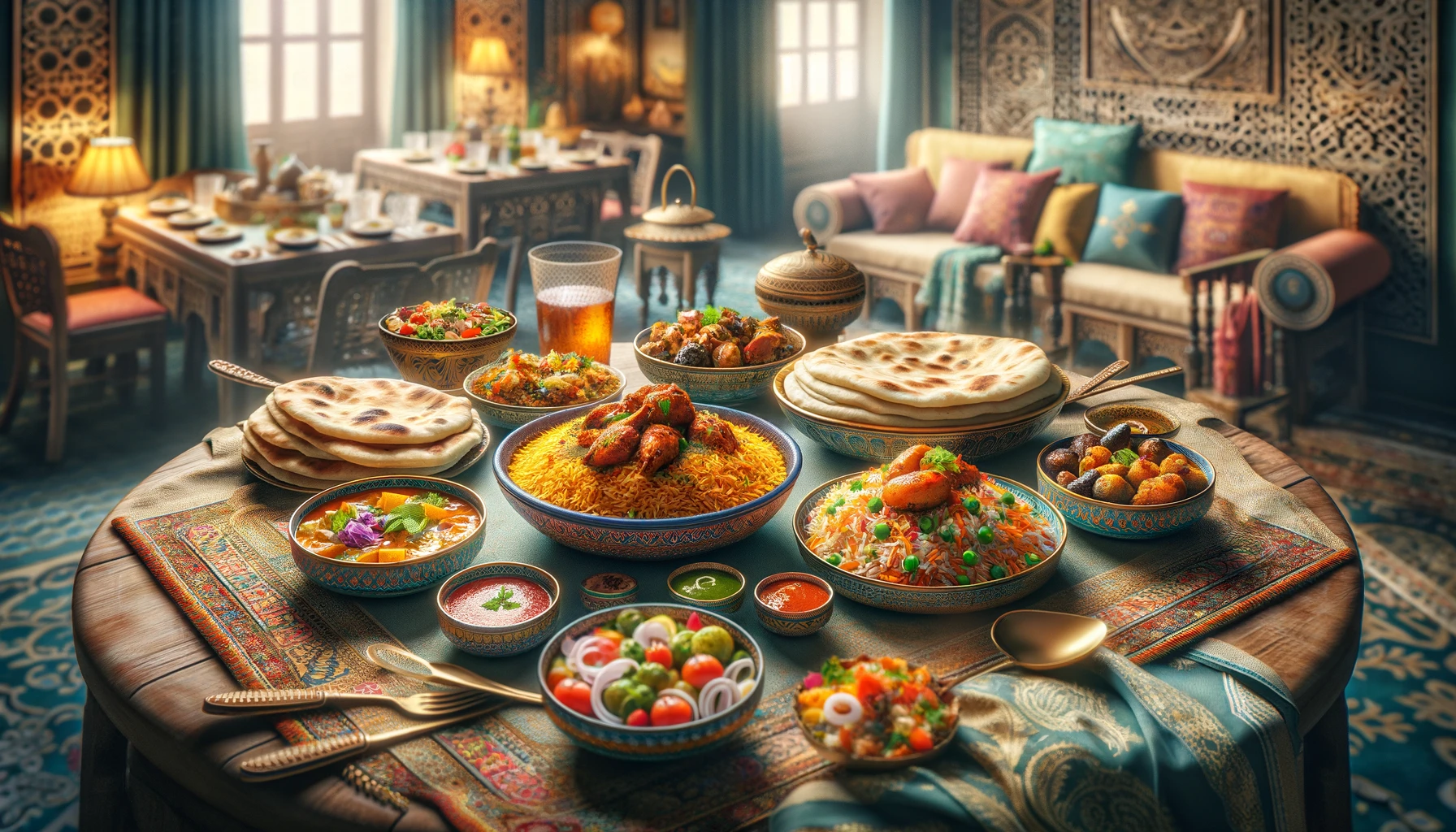 a traditional Pakistani meal served on a beautifully decorated table. The dishes include biryani, naan, chicken karahi, and a variety of colorful salads. 