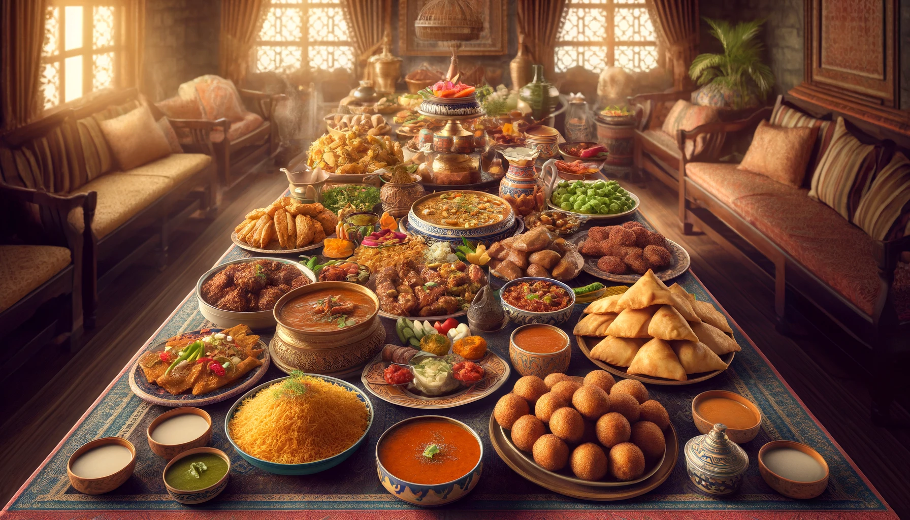  a traditional Pakistani feast with a variety of dishes. The spread includes haleem, seekh kebabs, chapli kebabs, samosas, and a selection of chutneys. 