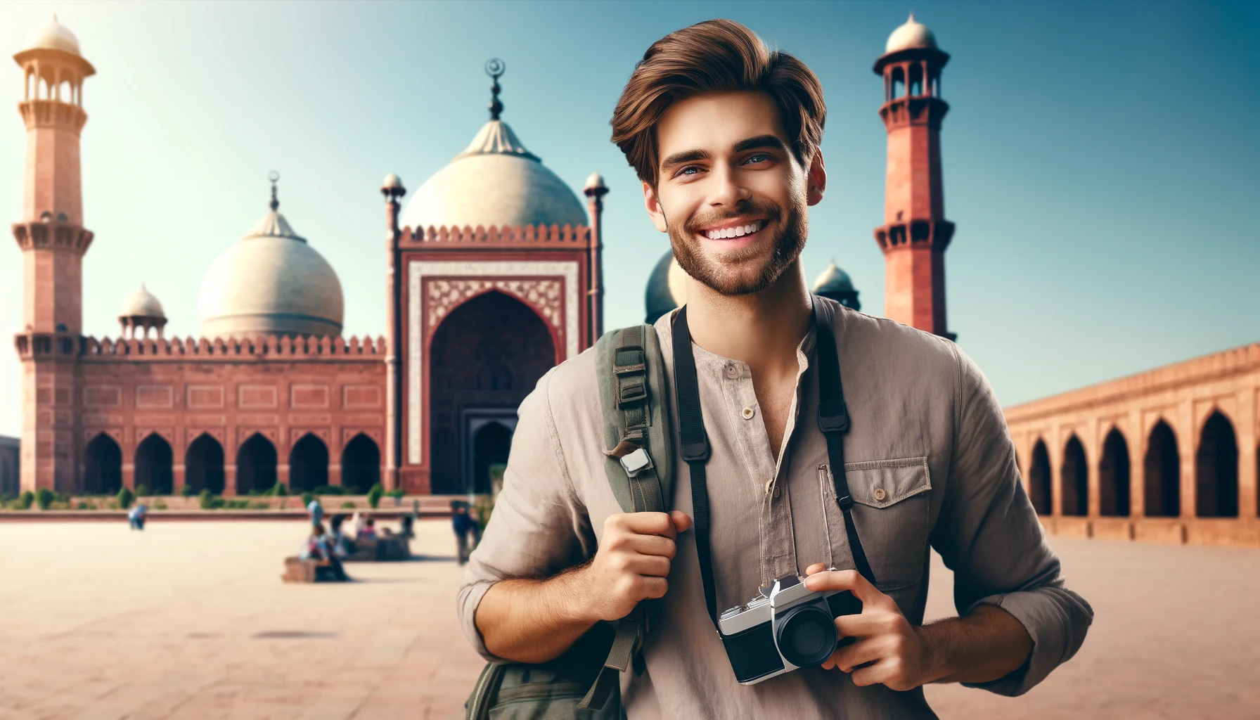 a smiling male tourist in Pakistan. He is standing in front of the Badshahi Mosque, dressed in casual travel attire with a backpack and a camera around his neck.