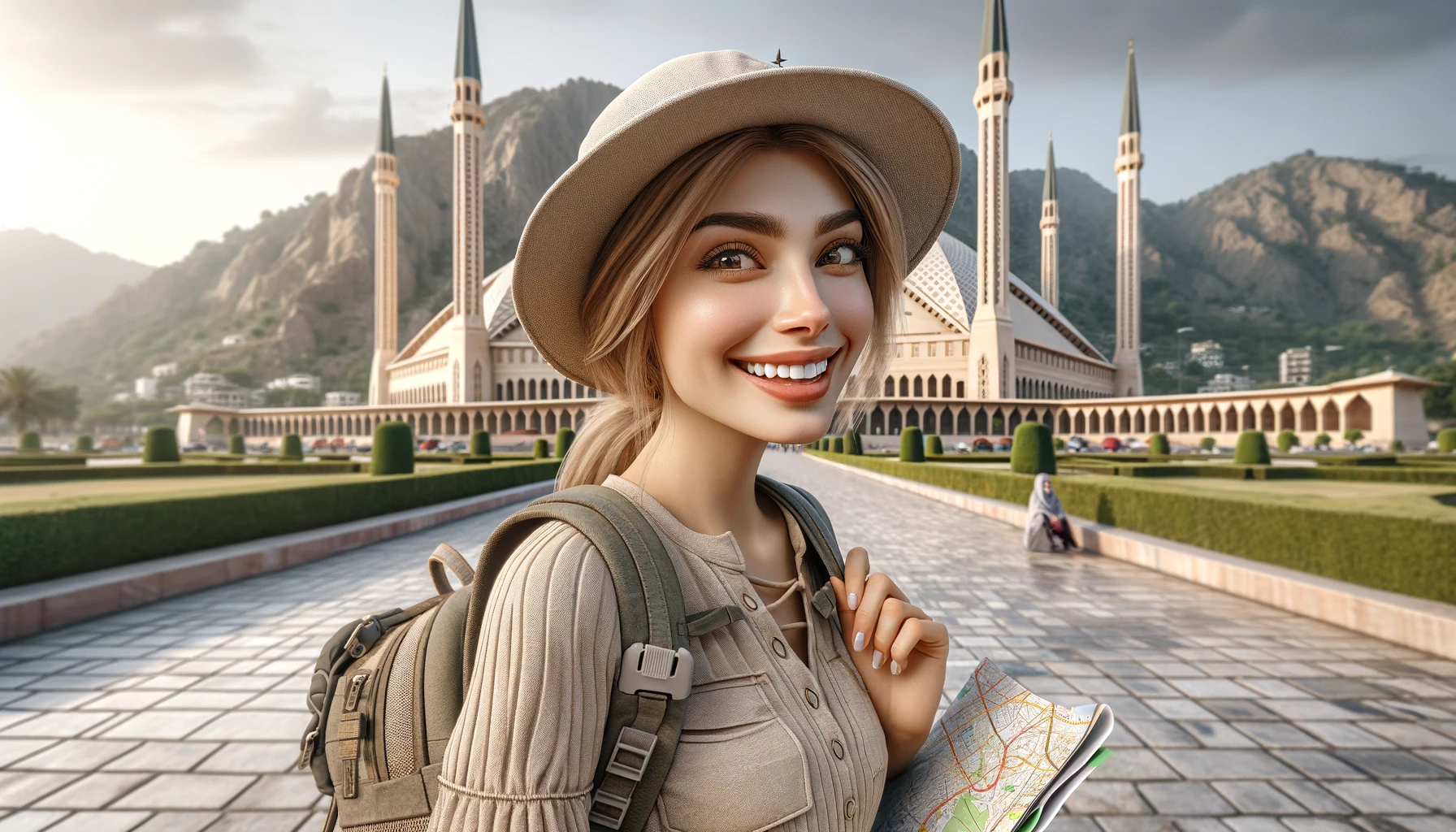 a smiling female tourist in Pakistan. She is standing in front of the Faisal Mosque, wearing casual travel clothes and a hat. She has a small backpack and is holding a map. 