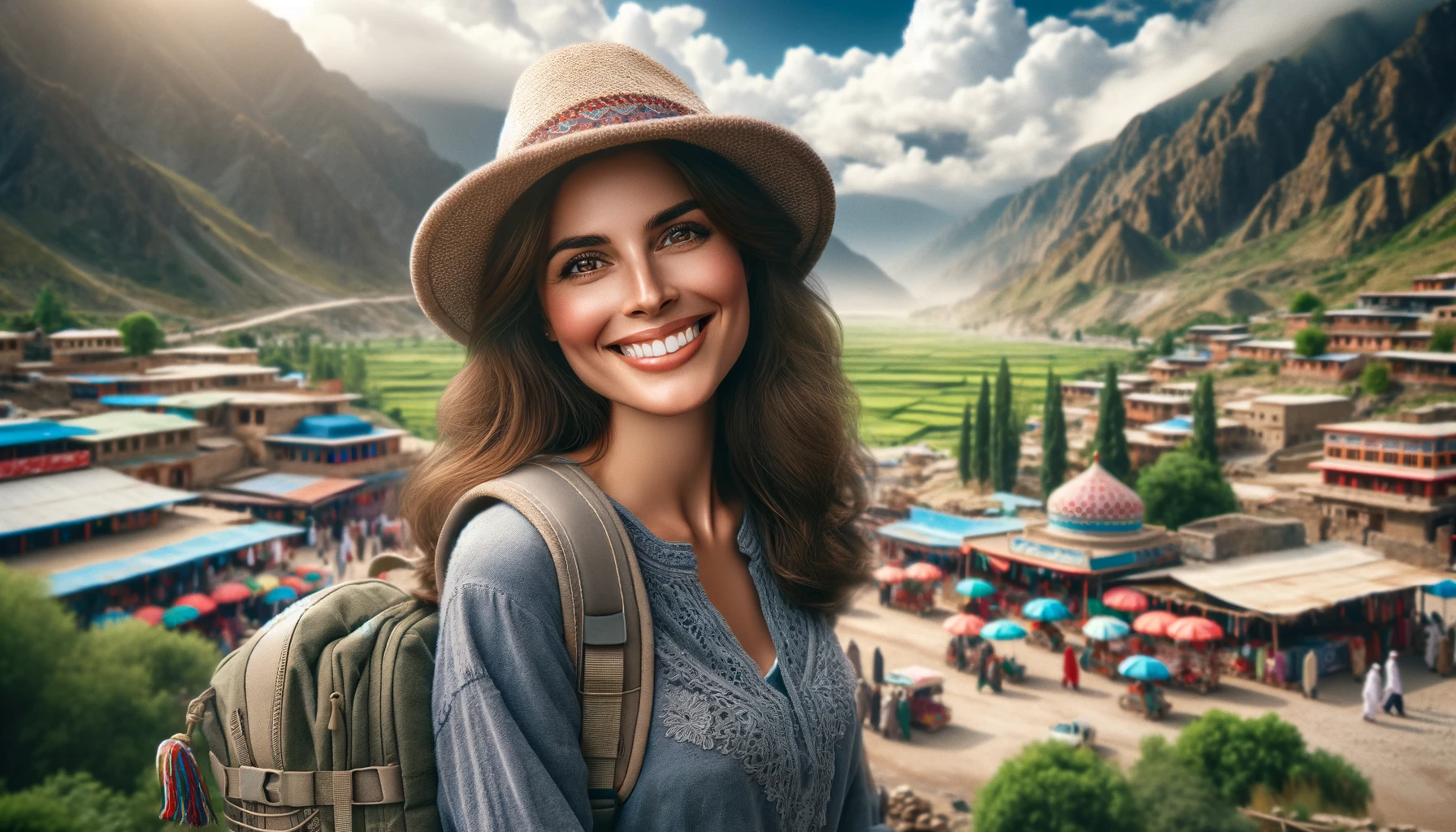 a smiling female tourist in Pakistan. She is standing in front of a beautiful landscape featuring lush greenery and traditional Pakistani cultural elements.