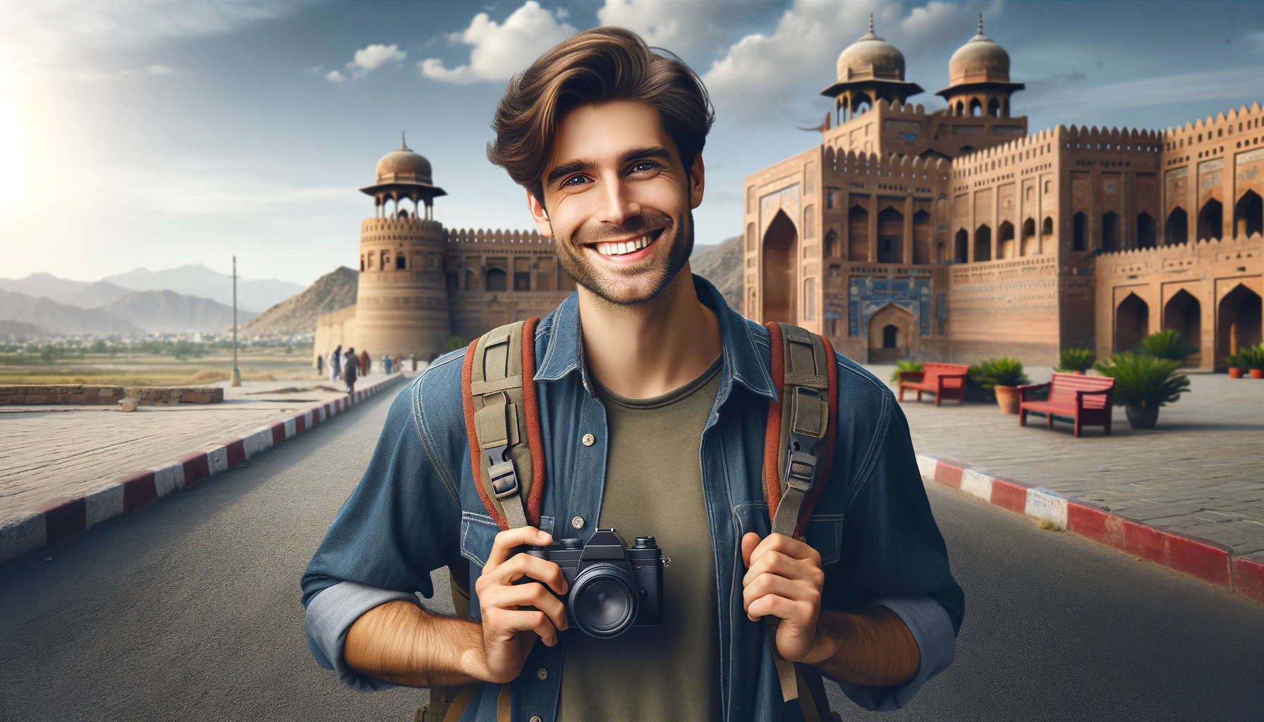 a smiling male tourist in Pakistan. He is standing in front of a scenic background featuring traditional Pakistani architecture, such as an old fort. 