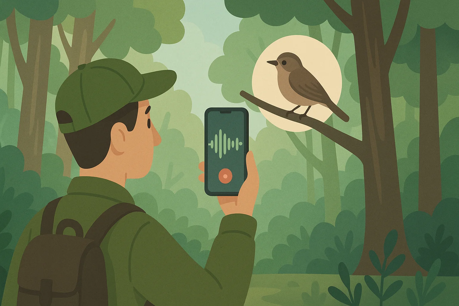 A birdwatcher using an app to record a bird’s song.