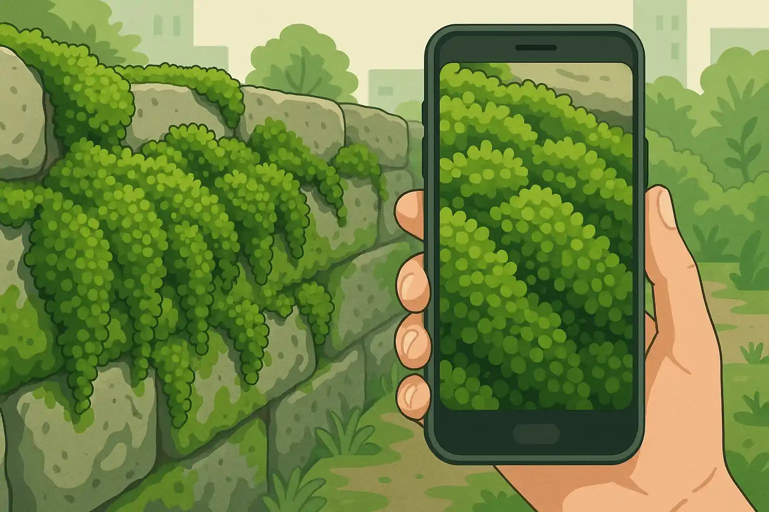 Moss growing on a wall and a macro shot on a smartphone.