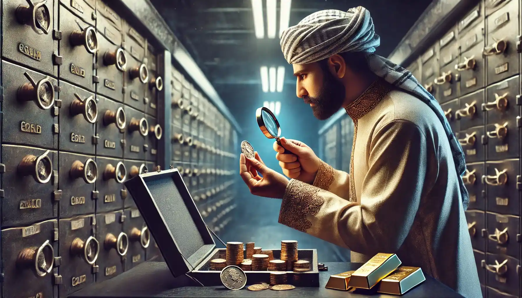 A Pakistani billionaire inside a private vault is examining rare gold coins and antique collectibles. 