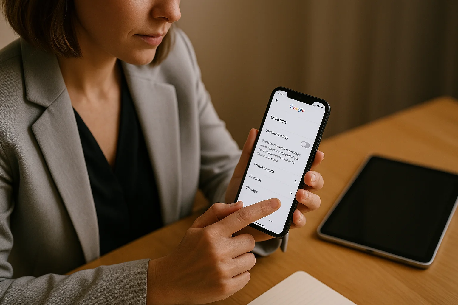 A woman in business attire disables Google Location History in her account settings while a shared tablet with access to history lies beside her.