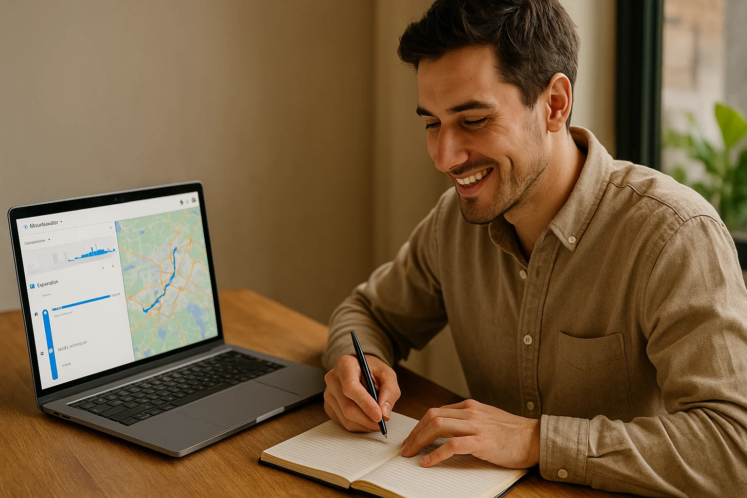A young man sits at a desk with a laptop, studying his Google Maps travel timeline and taking notes in a notebook with a smile.